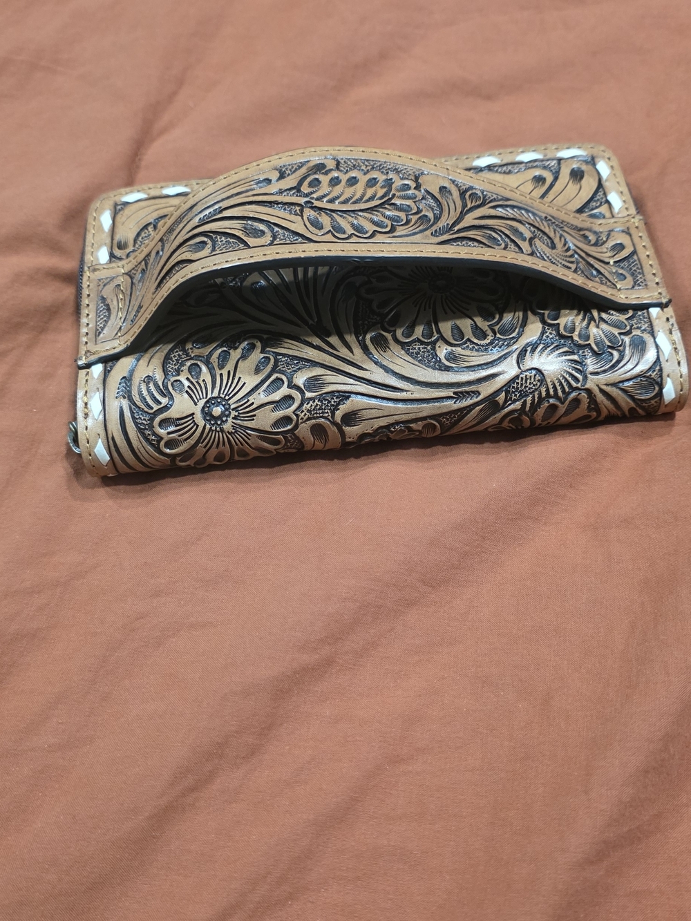 Western Linen Hand-tooled Floral Leather Wallet in Tan and Black